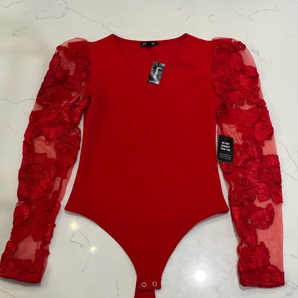 NWT Express Red Lace Sleeve Bodysuit